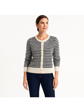 Silk Blend Navy Cream Cardigan Sweater Nautical Gold Buttons Chain Jacquard, S